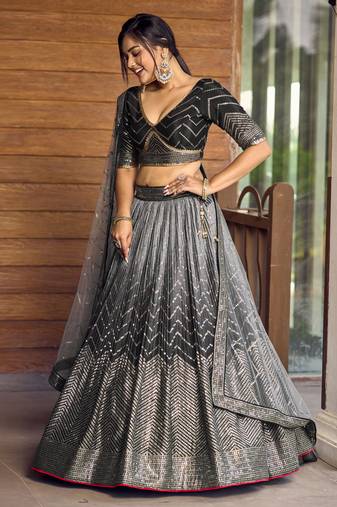 Black Thread And Sequins Embroidered Chinon Designer Lehenga Choli
