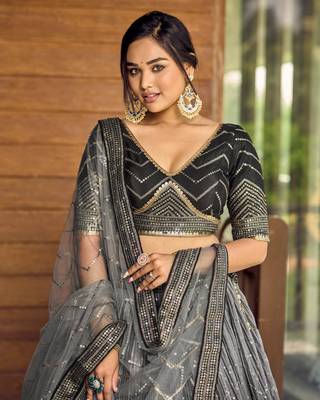 Black Thread And Sequins Embroidered Chinon Designer Lehenga Choli 2