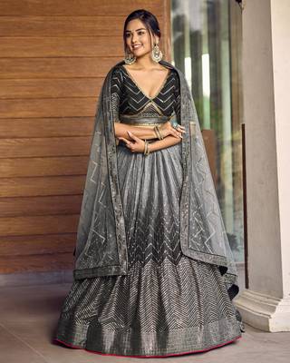 Black Thread And Sequins Embroidered Chinon Designer Lehenga Choli 3