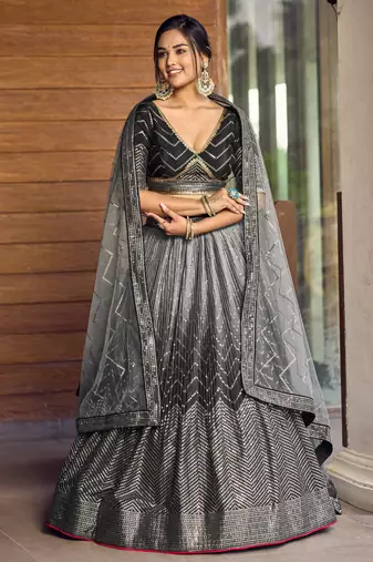 Black Thread And Sequins Embroidered Chinon Designer Lehenga Choli