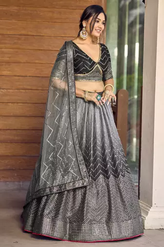 Black Thread And Sequins Embroidered Chinon Designer Lehenga Choli