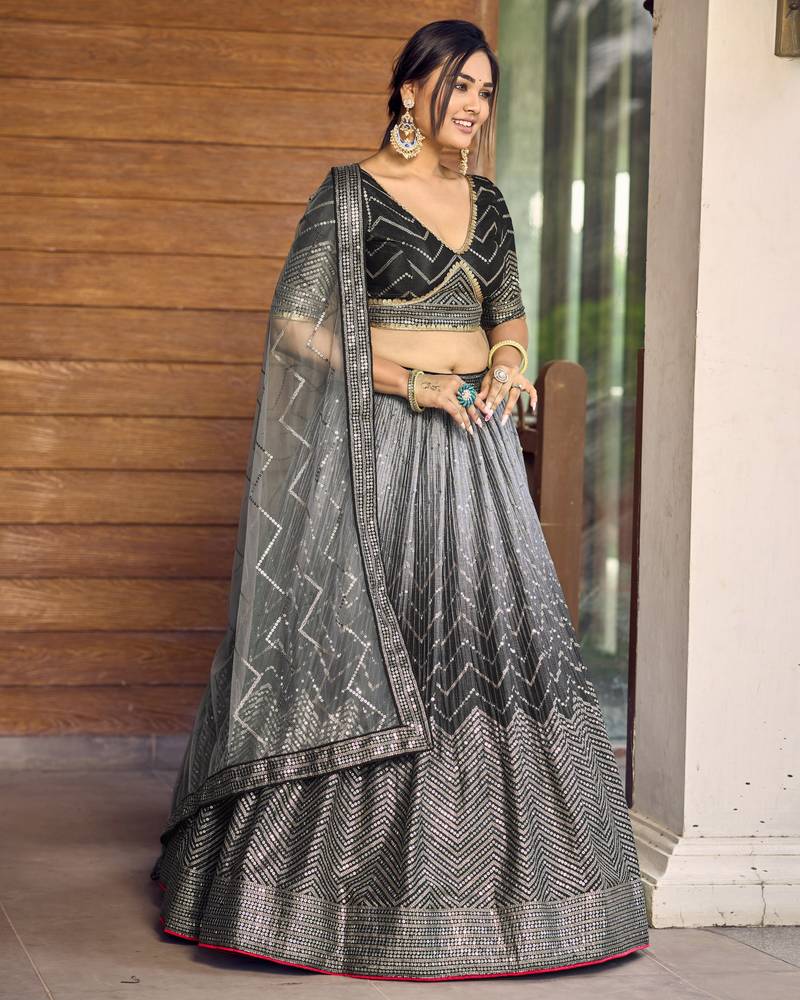 Black Thread And Sequins Embroidered Chinon Designer Lehenga Choli