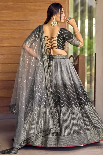 Black Thread And Sequins Embroidered Chinon Designer Lehenga Choli