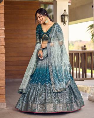 Blue Thread And Sequins Embroidered Chinon Designer Lehenga Choli 1