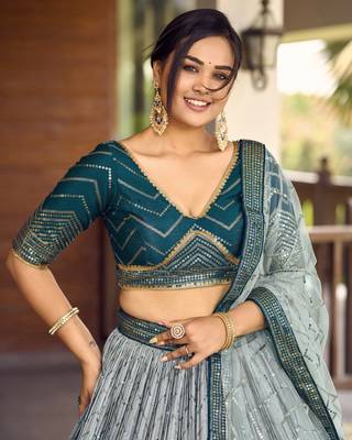 Blue Thread And Sequins Embroidered Chinon Designer Lehenga Choli 2