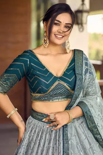 Blue Thread And Sequins Embroidered Chinon Designer Lehenga Choli