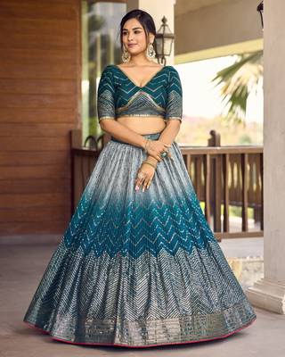 Blue Thread And Sequins Embroidered Chinon Designer Lehenga Choli 3
