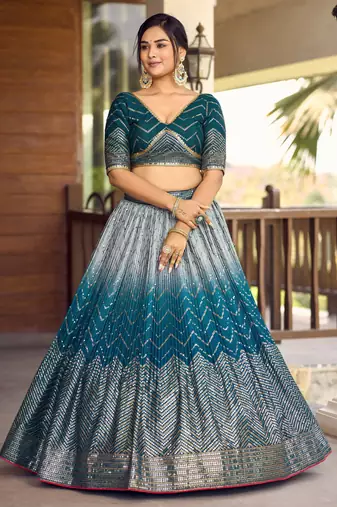 Blue Thread And Sequins Embroidered Chinon Designer Lehenga Choli