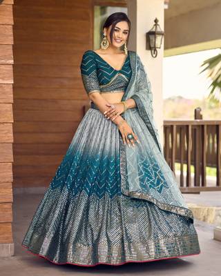 Blue Thread And Sequins Embroidered Chinon Designer Lehenga Choli 4
