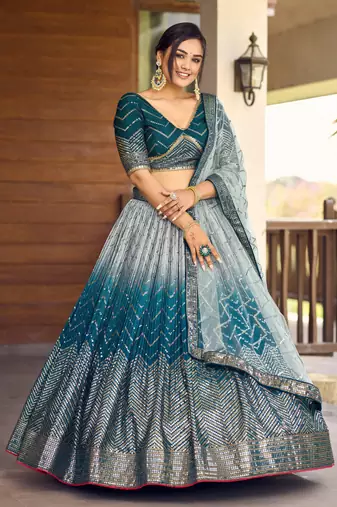 Blue Thread And Sequins Embroidered Chinon Designer Lehenga Choli