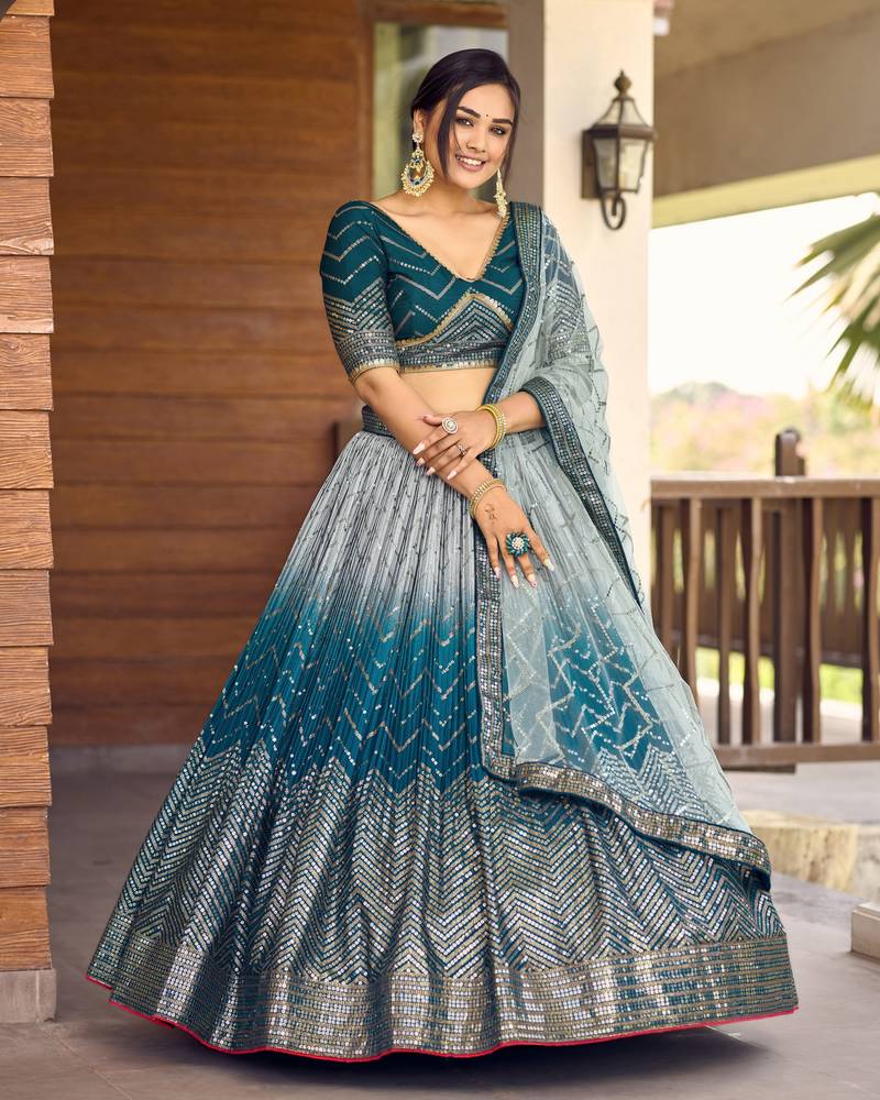 Blue Thread And Sequins Embroidered Chinon Designer Lehenga Choli