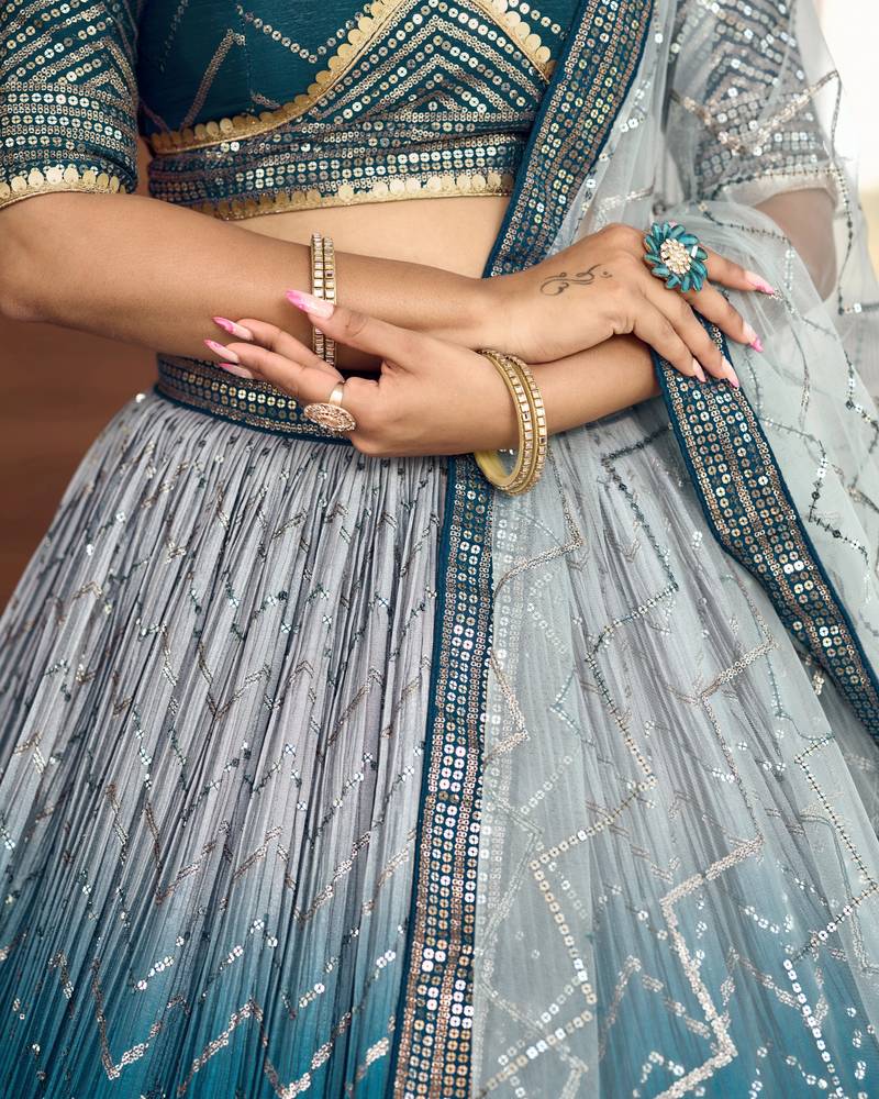 Blue Thread And Sequins Embroidered Chinon Designer Lehenga Choli