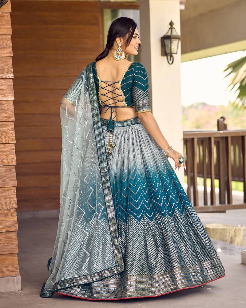 Blue Thread And Sequins Embroidered Chinon Designer Lehenga Choli