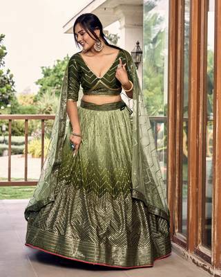  Green Thread And Sequins Embroidered Chinon Party Wear Lehenga Choli 1