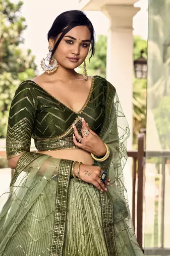  Green Thread And Sequins Embroidered Chinon Party Wear Lehenga Choli