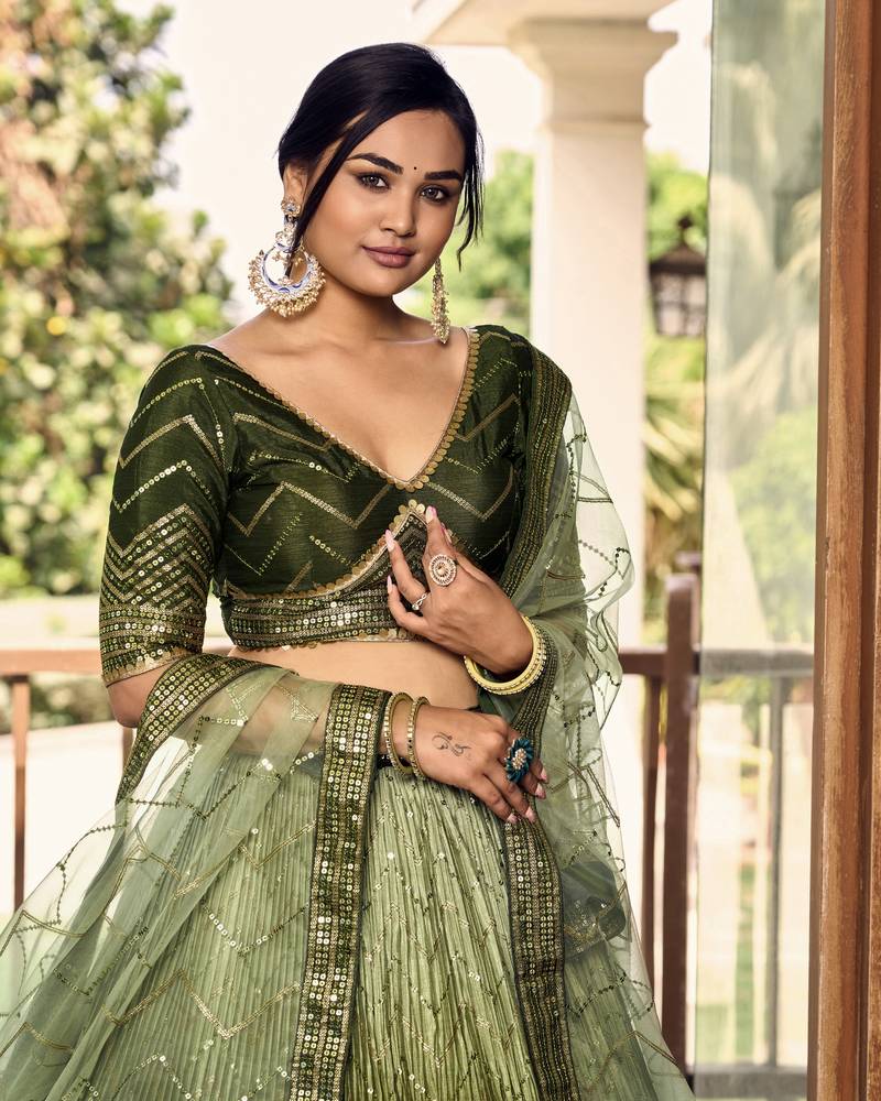  Green Thread And Sequins Embroidered Chinon Party Wear Lehenga Choli