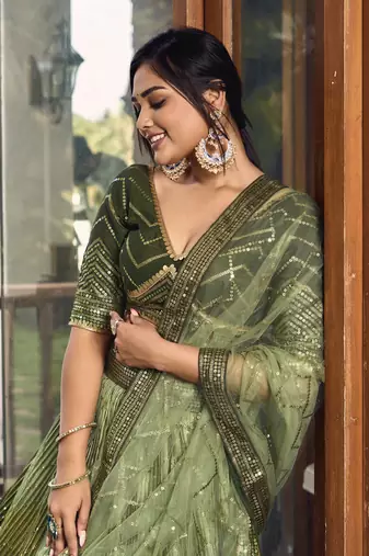  Green Thread And Sequins Embroidered Chinon Party Wear Lehenga Choli