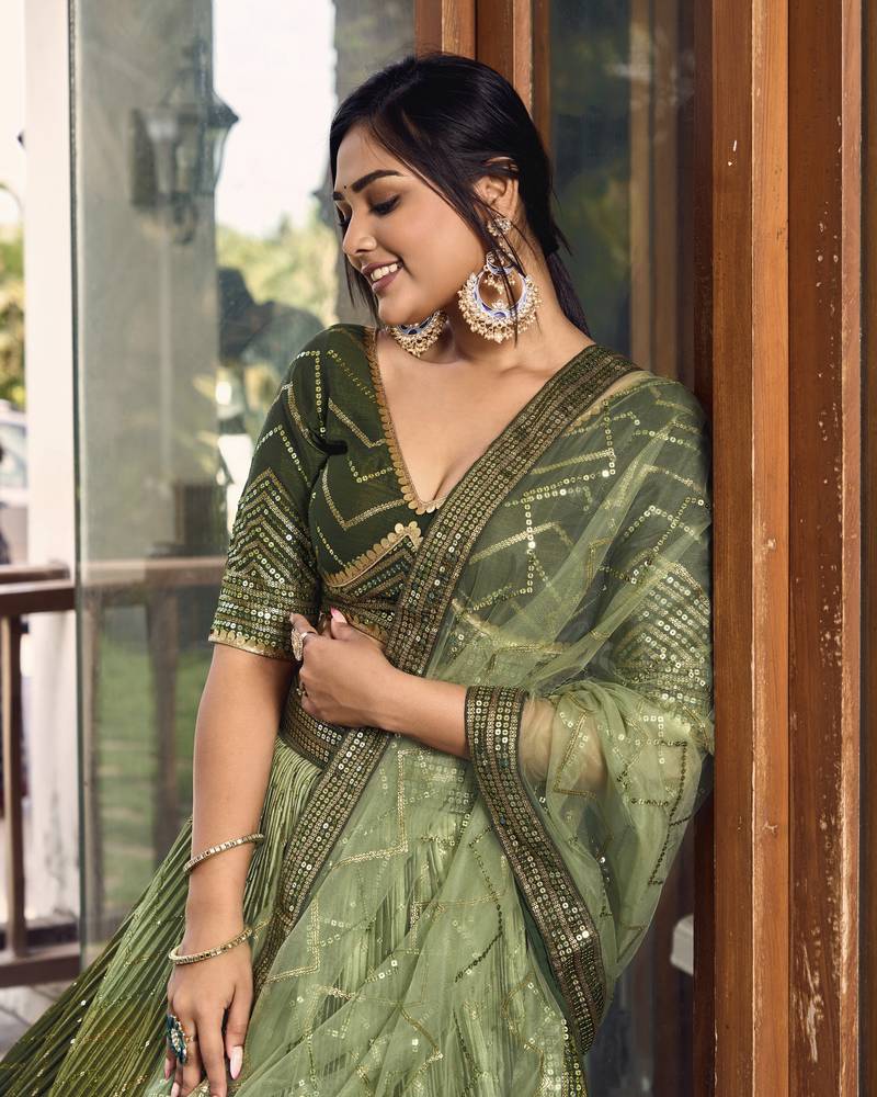  Green Thread And Sequins Embroidered Chinon Party Wear Lehenga Choli