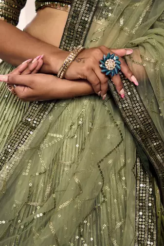  Green Thread And Sequins Embroidered Chinon Party Wear Lehenga Choli