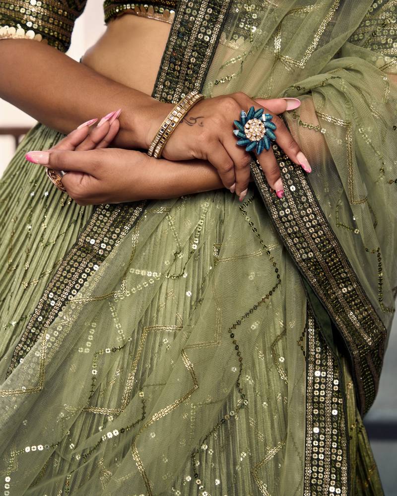  Green Thread And Sequins Embroidered Chinon Party Wear Lehenga Choli