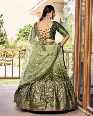  Green Thread And Sequins Embroidered Chinon Party Wear Lehenga Choli 5