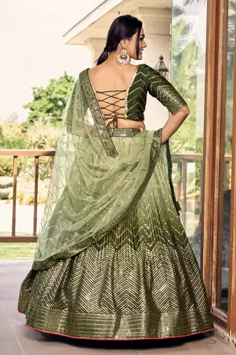  Green Thread And Sequins Embroidered Chinon Party Wear Lehenga Choli