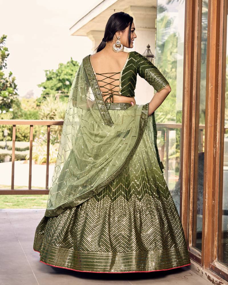  Green Thread And Sequins Embroidered Chinon Party Wear Lehenga Choli