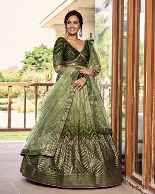  Green Thread And Sequins Embroidered Chinon Party Wear Lehenga Choli 6