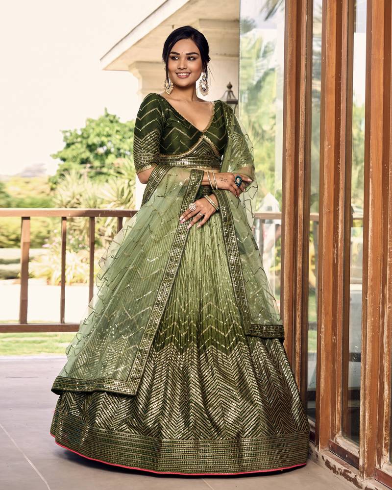  Green Thread And Sequins Embroidered Chinon Party Wear Lehenga Choli