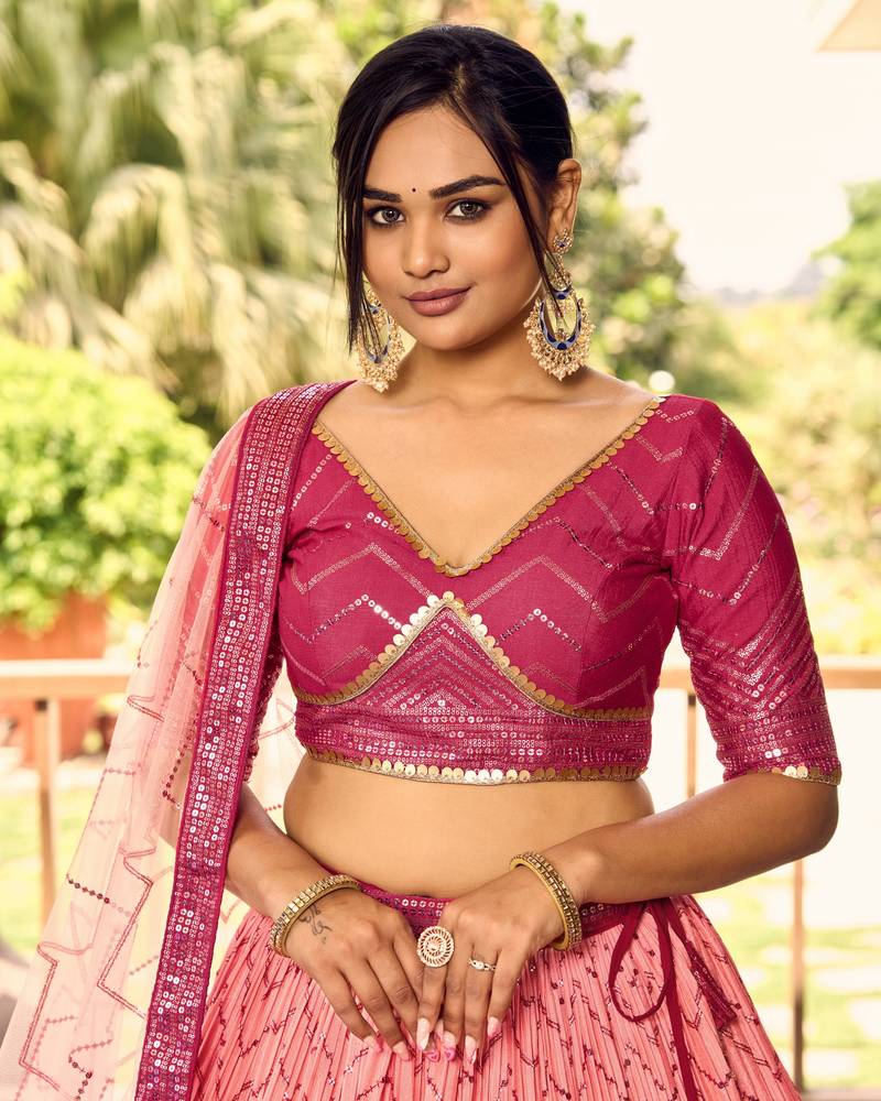 Provocative Pink Thread And Sequins Embroidered Chinon Lehenga Choli For Wedding