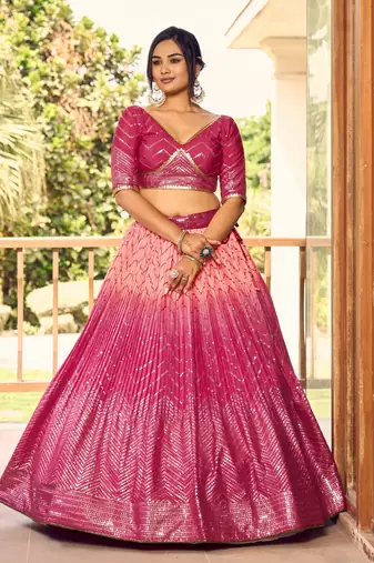 Provocative Pink Thread And Sequins Embroidered Chinon Lehenga Choli For Wedding