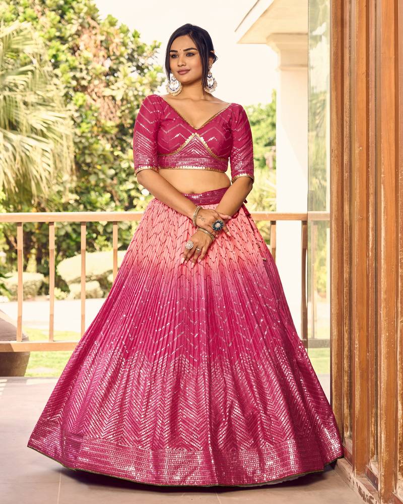 Provocative Pink Thread And Sequins Embroidered Chinon Lehenga Choli For Wedding