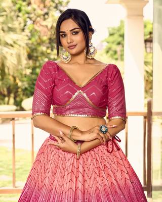 Provocative Pink Thread And Sequins Embroidered Chinon Lehenga Choli For Wedding 4