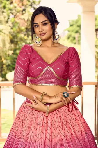 Provocative Pink Thread And Sequins Embroidered Chinon Lehenga Choli For Wedding