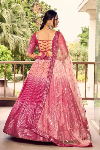 Provocative Pink Thread And Sequins Embroidered Chinon Lehenga Choli For Wedding