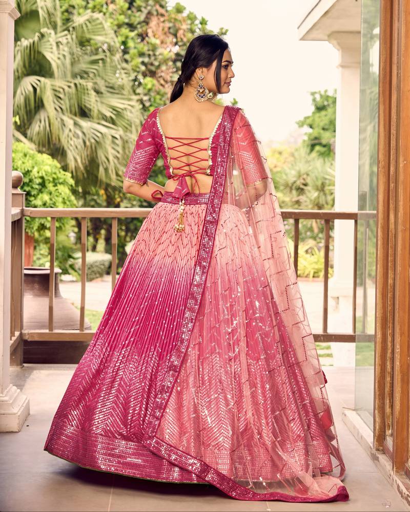 Provocative Pink Thread And Sequins Embroidered Chinon Lehenga Choli For Wedding