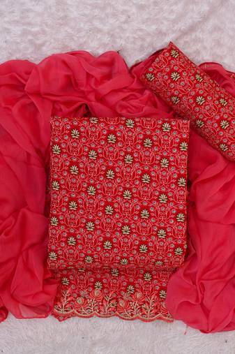 Red cotton florak print unstitched nazneen dupatta