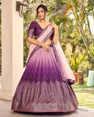 Phenomenal Purple Thread And Sequins Embroidered Chinon Designer Lehenga Choli 1