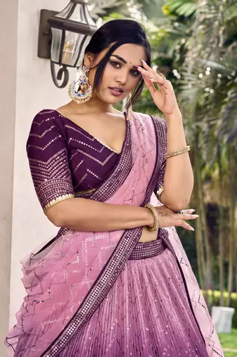 Phenomenal Purple Thread And Sequins Embroidered Chinon Designer Lehenga Choli