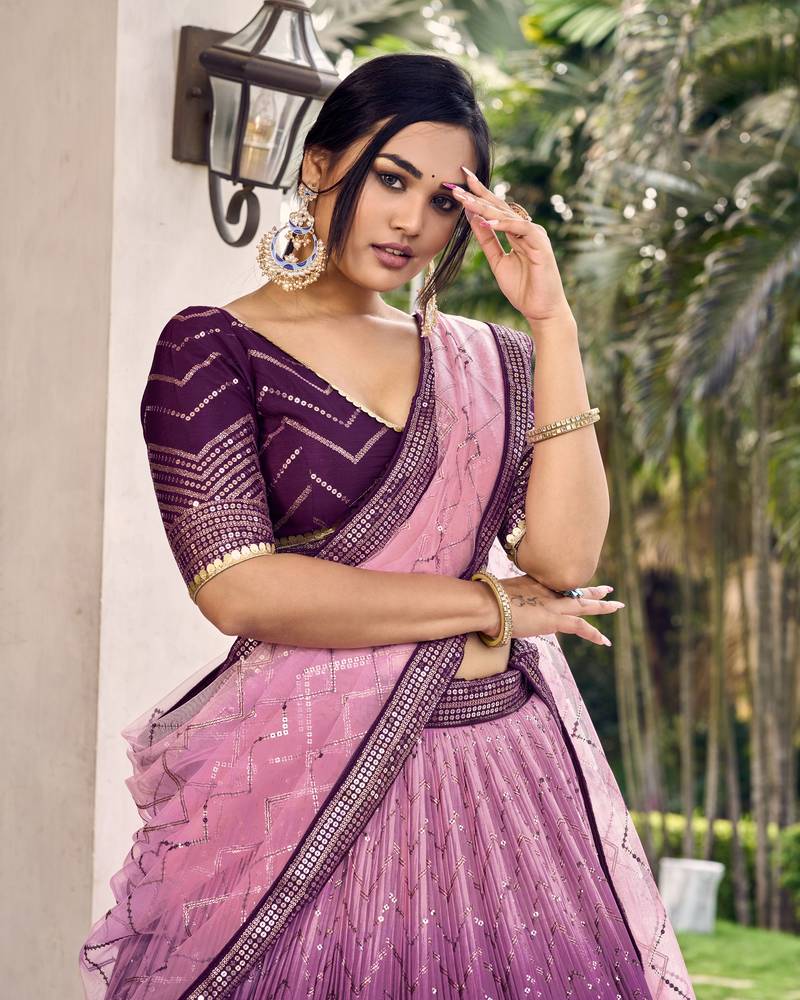 Phenomenal Purple Thread And Sequins Embroidered Chinon Designer Lehenga Choli