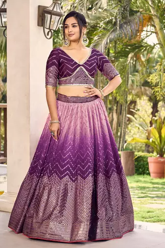 Phenomenal Purple Thread And Sequins Embroidered Chinon Designer Lehenga Choli