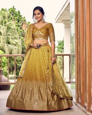  Yellow Thread And Sequins Embroidered Chinon Lehenga Choli For Bride 1