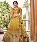  Yellow Thread And Sequins Embroidered Chinon Lehenga Choli For Bride