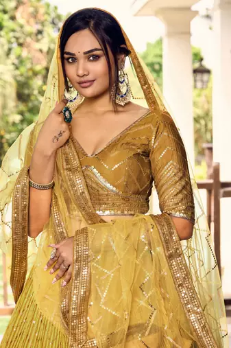  Yellow Thread And Sequins Embroidered Chinon Lehenga Choli For Bride