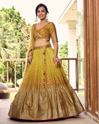  Yellow Thread And Sequins Embroidered Chinon Lehenga Choli For Bride 3