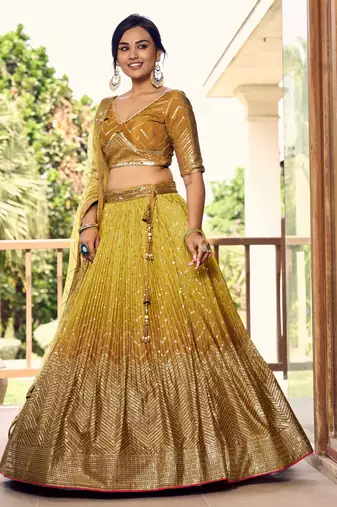  Yellow Thread And Sequins Embroidered Chinon Lehenga Choli For Bride