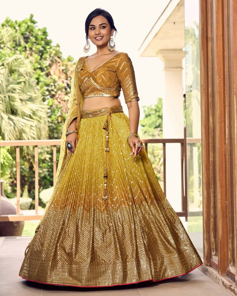 Yellow Thread And Sequins Embroidered Chinon Lehenga Choli For Bride