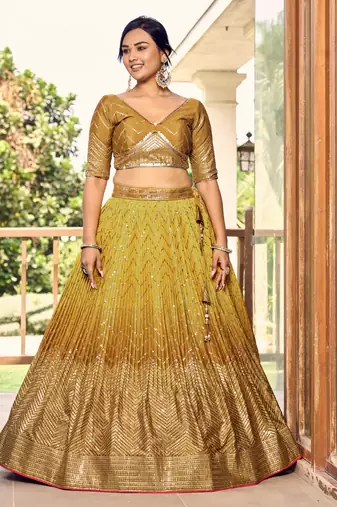  Yellow Thread And Sequins Embroidered Chinon Lehenga Choli For Bride