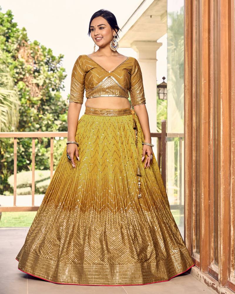  Yellow Thread And Sequins Embroidered Chinon Lehenga Choli For Bride
