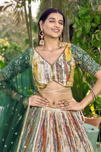  Green Thread And Sequins Embroidered Chinon Party Wear Lehenga Choli